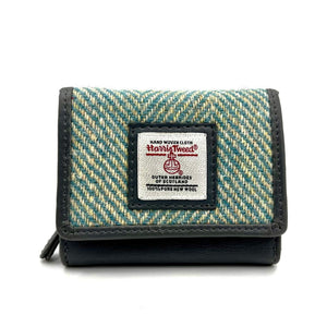 Turquoise Herringbone Tweed Trifold Purse: A luxurious Harris Tweed trifold purse in turquoise herringbone with grey vegan leather trim.