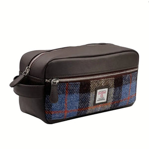 Harris Tweed Washbag in Blue & Brown with external zip compartment. Spacious interior for all your toiletries, cosmetics, or skincare essentials.