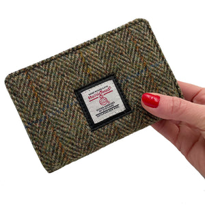 Country Green Herringbone: Classic Country Green Herringbone Harris Tweed Zip Purse with Brown vegan leather trim.