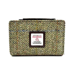 Country Green Herringbone: Classic Country Green Herringbone Harris Tweed Zip Purse with Brown vegan leather trim.