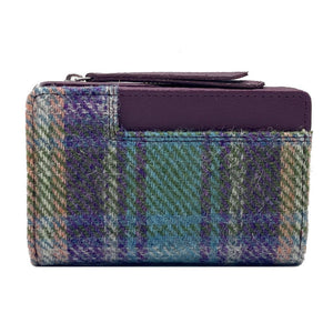 Green/Purple Plaid: Playful Green/Purple Plaid Harris Tweed Zip Purse with Purple vegan leather trim. The reverse side of the purse.