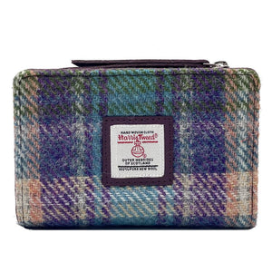 Green/Purple Plaid: Playful Green/Purple Plaid Harris Tweed Zip Purse with Purple vegan leather trim.