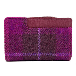 Purple Check: Stylish Harris Tweed Zip Purse in Purple Check with Oxblood vegan leather trim.