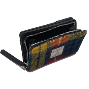 Saffron: Harris Tweed Zip Purse in luxurious Saffron Tweed with Black vegan leather trim, open to reveal secure zip compartment for coins.