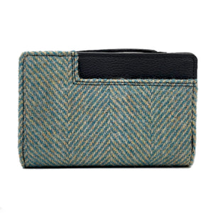 Turquoise Herringbone: Harris Tweed Zip Purse in classic Turquoise Herringbone with Grey vegan leather trim. 