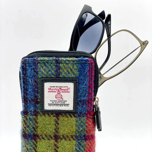 Blue/Pink Harris Tweed Double Glasses Case:  A chic Harris Tweed double glasses case in blue and pink tweed with black vegan leather trim.