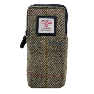 Country Green Harris Tweed Double Glasses Case: A luxurious Harris Tweed double glasses case in country green with black vegan leather trim.