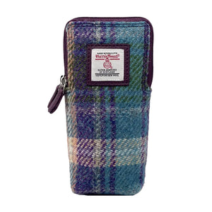 Green/Purple Harris Tweed Double Glasses Case: A stylish Harris Tweed double glasses case in green and purple plaid with luxurious purple vegan leather trim.