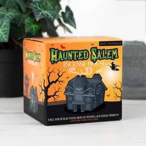 Haunted Salem Incense House product box with spooky Halloween-themed artwork and bold green logo.