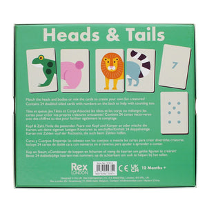 Back of Heads and Tails Game box with instructions and examples of animal card matches.