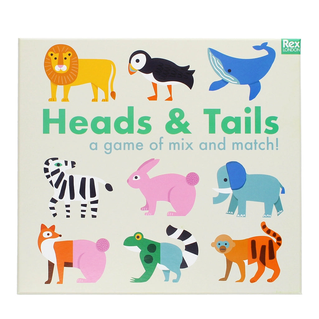 Front of Heads and Tails Game box showing animals like lion, puffin, whale, zebra, rabbit and more.