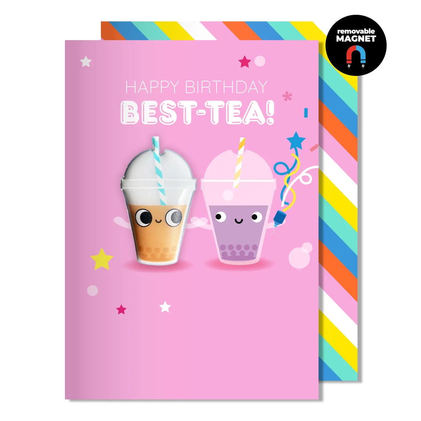 Hello Jello Bubble Tea Birthday Card – pink card with two smiling bubble tea drinks and the words “Happy Birthday Best-Tea!”