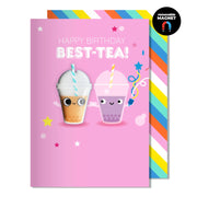 Hello Jello Bubble Tea Birthday Card – pink card with two smiling bubble tea drinks and the words “Happy Birthday Best-Tea!”