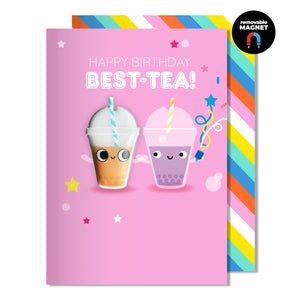 Hello Jello Bubble Tea Birthday Card – pink card with two smiling bubble tea drinks and the words “Happy Birthday Best-Tea!”
