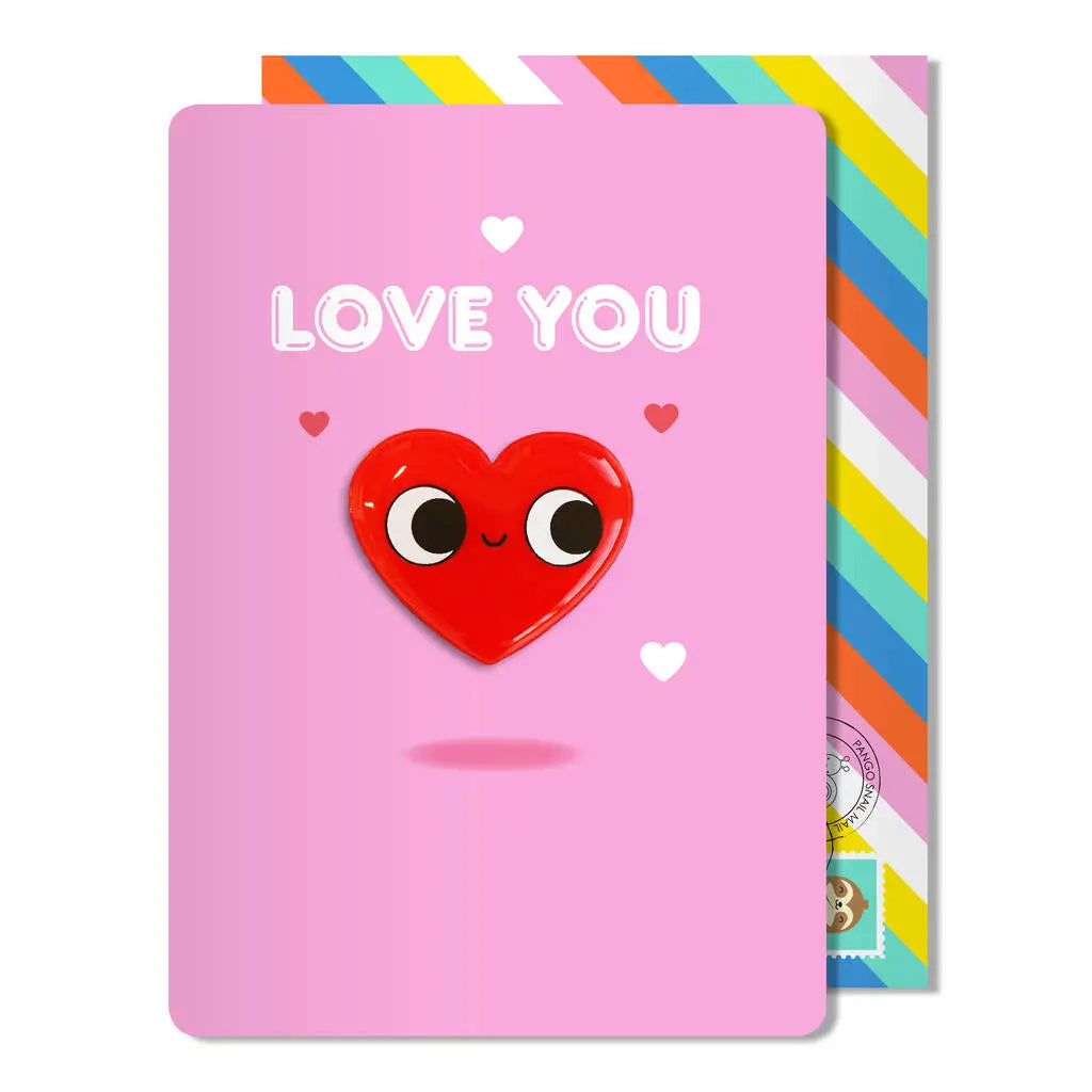 Hello Jello Love You Card featuring red jelly heart magnet on pink background with “Love You” text.