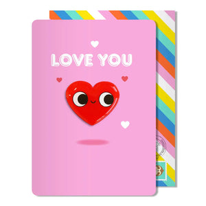 Hello Jello Love You Card featuring red jelly heart magnet on pink background with “Love You” text.