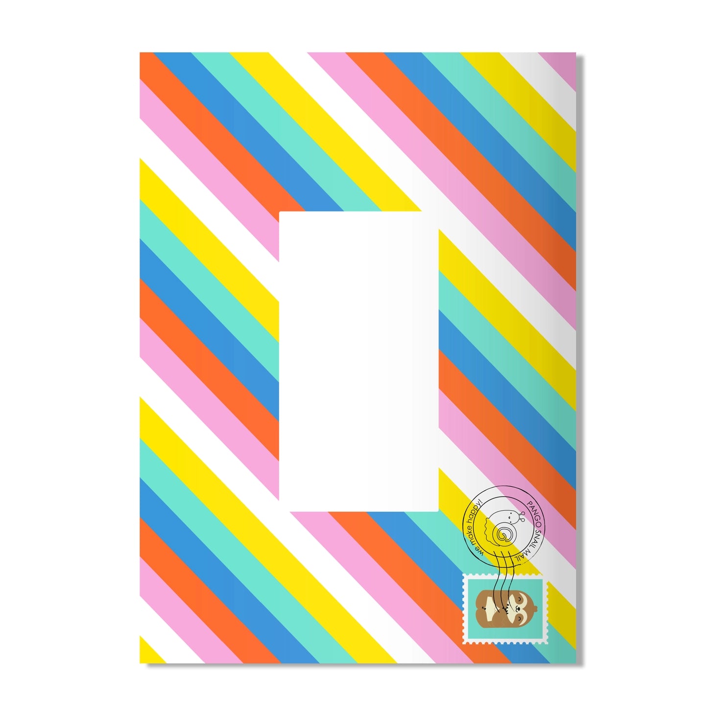 Back of Hello Jello Love You Card showing rainbow-striped envelope with postage-style print.