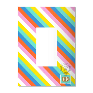Back of Hello Jello Love You Card showing rainbow-striped envelope with postage-style print.