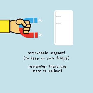 Illustration showing Hello Jello card’s removable heart magnet, ideal for keeping on a fridge.