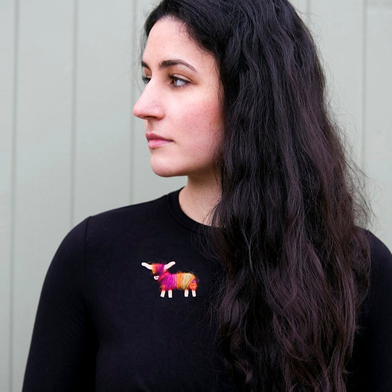 Multicoloured handmade Highland cow brooch, bright and eye-catching.