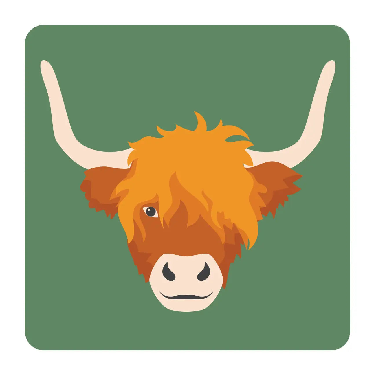 Illustrated Highland Cow Coaster featuring a contemporary design of a Scottish Highland cow on a green background. Perfect for protecting surfaces in style.