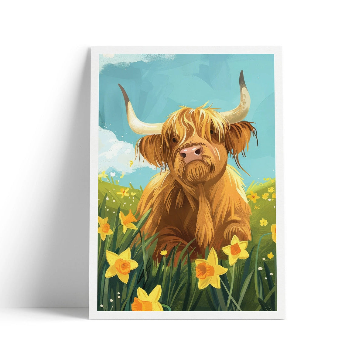 Art print of a Highland cow sitting in a sunny spring meadow filled with yellow daffodils under a clear blue sky.