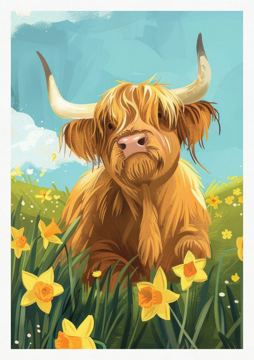 Close-up illustration of a fluffy Highland cow among daffodils in a vibrant, springtime countryside scene.