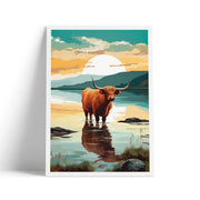 Front view of Highland Cow On The Beach Art Print with sun setting over water