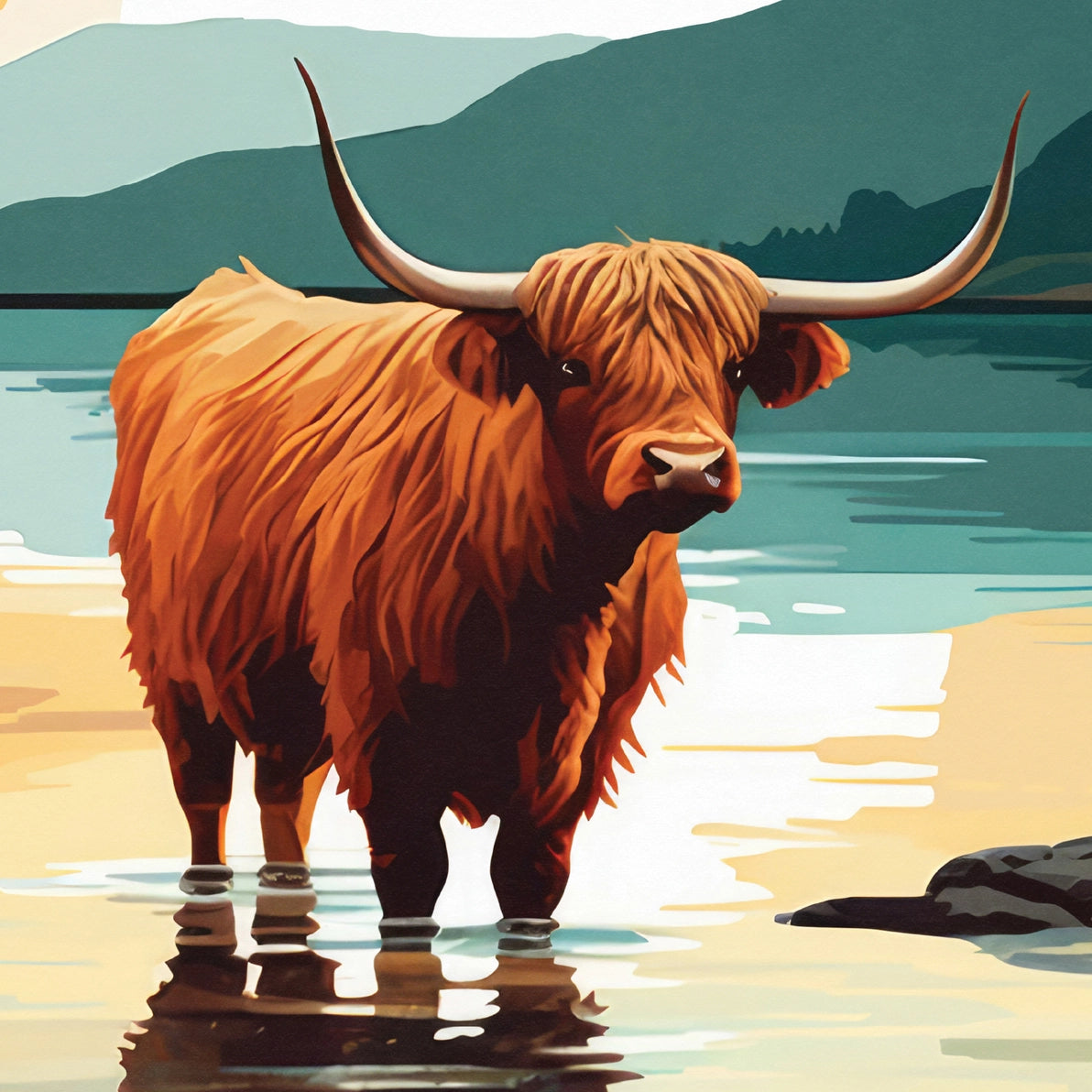 Angled view of the art print showing the Highland cow in soft lighting