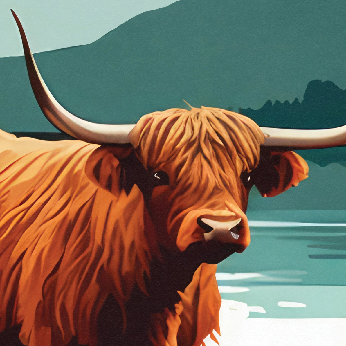 Close-up detail of Highland cow’s face and horns against lake and hills backdrop