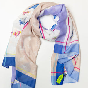 Full-Length Scarf – A full-length view of the Hairy Coo Thistle Scarf, showcasing its soft Repreve fabric, intricate highland cow illustrations, and a stylish checkered border in stone, purple, and blue hues.