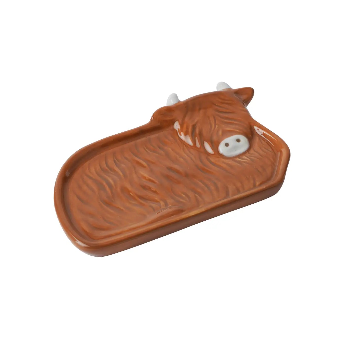 Side angle of the Highland Cow tea tidy showing its glossy finish.