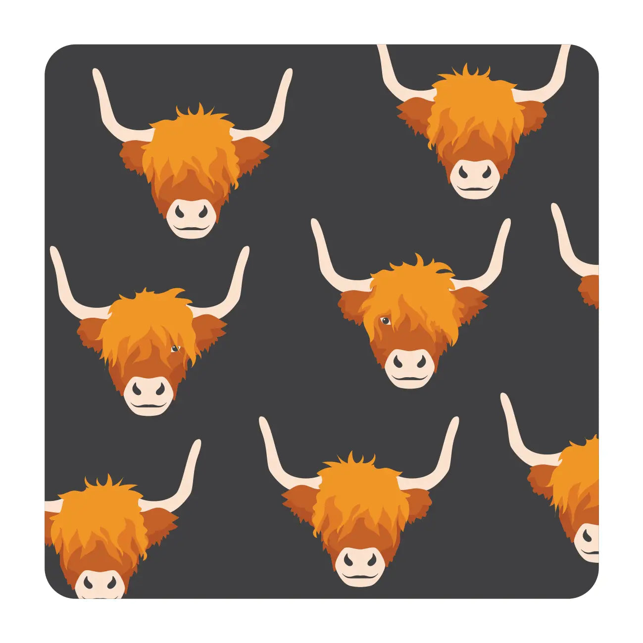 Highland Cows Coaster featuring a stylish pattern of orange Highland cow illustrations on a dark background, perfect for Scottish home decor.