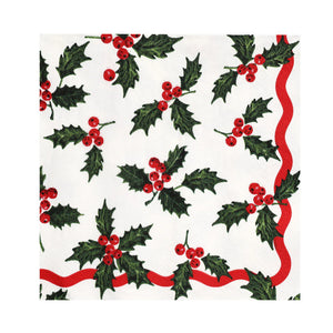 Unfolded Holly White Christmas napkin with bright red berries and green holly leaves on white background, bordered by a red wavy edge.