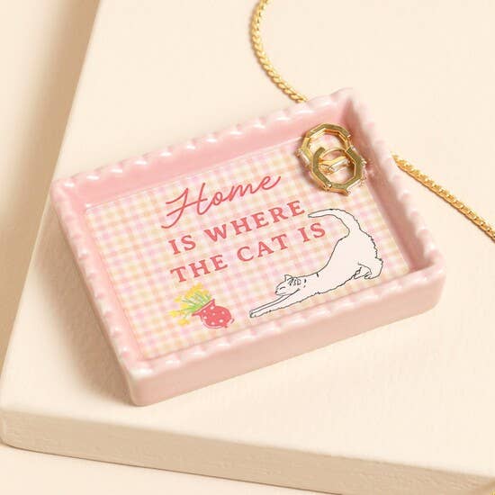 Pink gift box for “Home Is Where The Cat Is” trinket dish featuring cat illustration and gingham design.