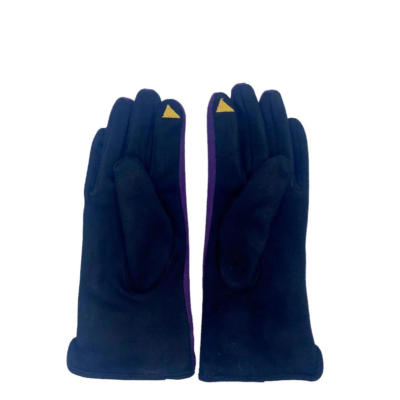 Back view of berry gloves in black with yellow touch-screen tips on index fingers.