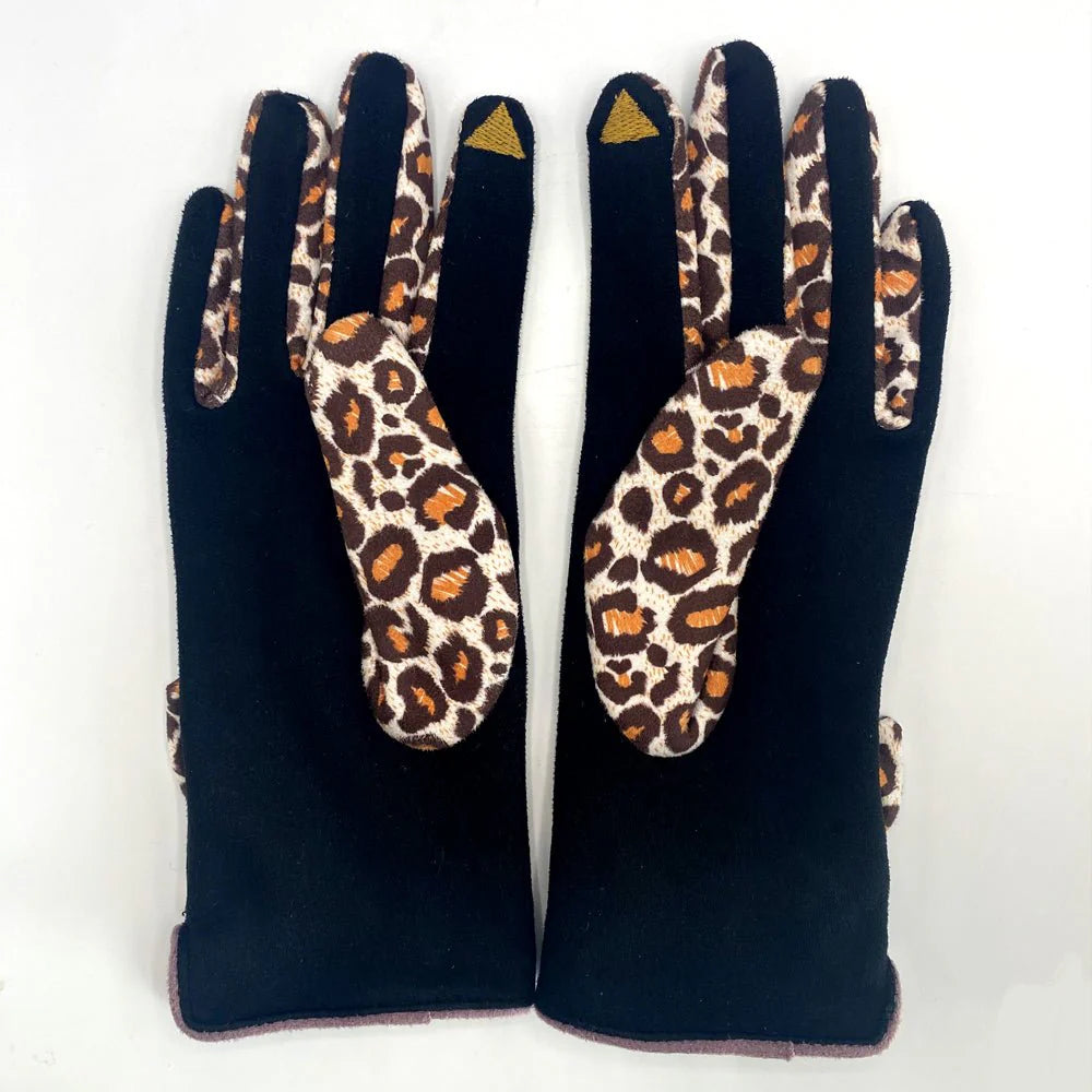 Back view of leopard print gloves showing leopard trim and touchscreen-friendly fingertips.