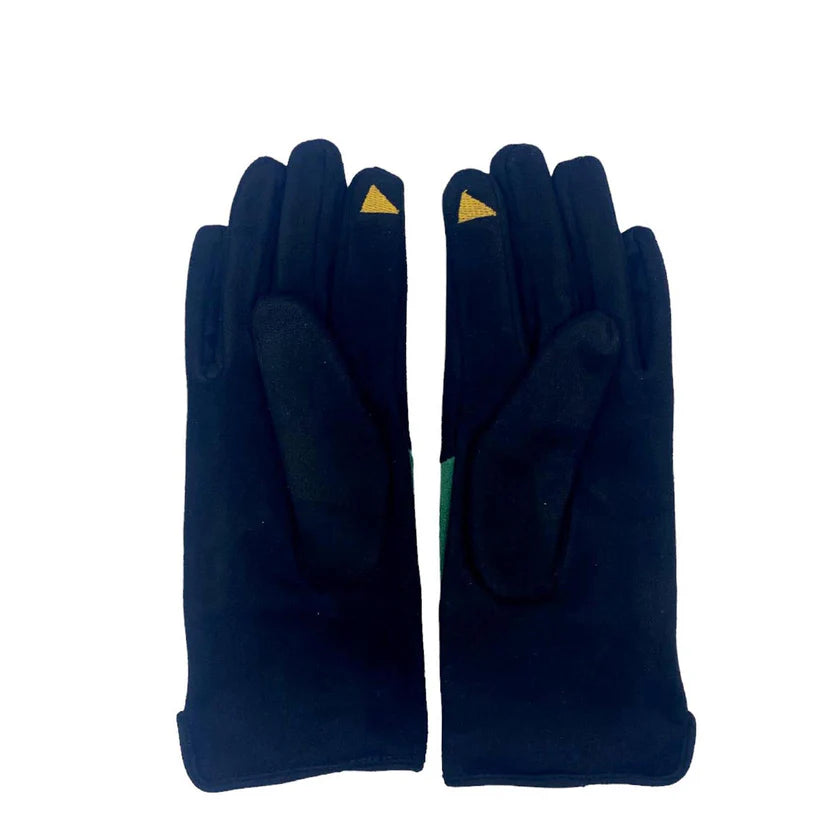Back view of black suedette gloves with yellow touchscreen fingertips, displayed flat on white background.