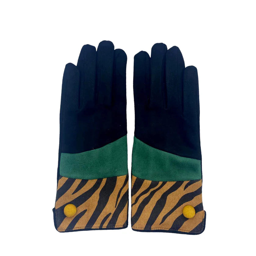 Front view of tiger print suedette gloves with teal panel and yellow button, displayed flat on white background.