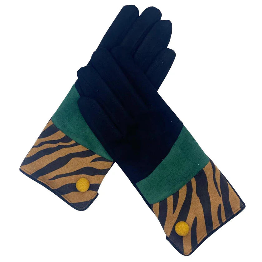 Crossed pair of animal print tiger suedette gloves with black and teal panels, shown flat against white background.
