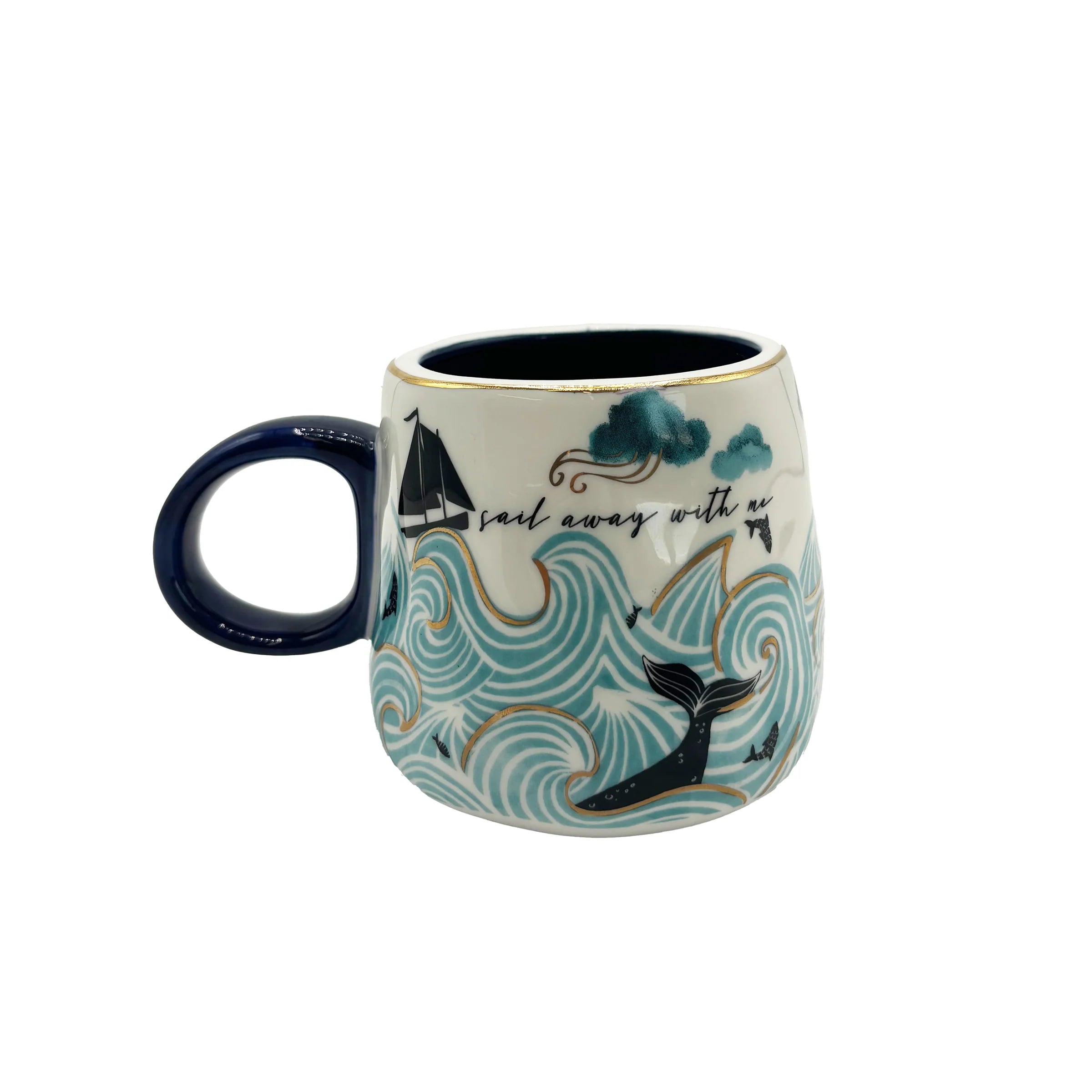 Gift packaging for By The Sea mug featuring illustrated stormy ocean, whales, and sailboats.