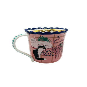 Back view of Catnip Cat Cup with black and white cat, leopard and tabby illustration.