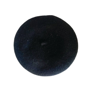 Back view of classic black wool beret without embroidery – timeless unisex headwear in a soft wool-poly blend.