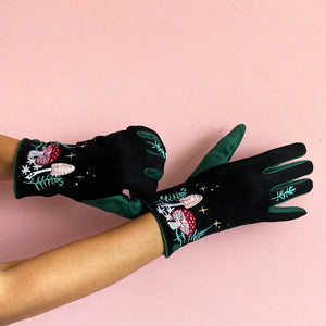 Forage embroidered gloves front view with mystical mushroom and fern design in black and green.