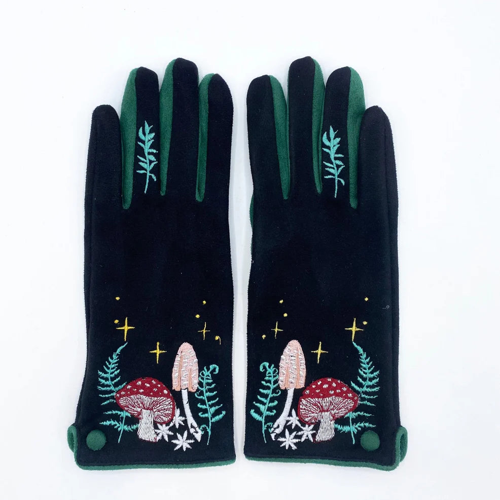 House of Disaster Forage gloves angled to show whimsical embroidery and button detail.