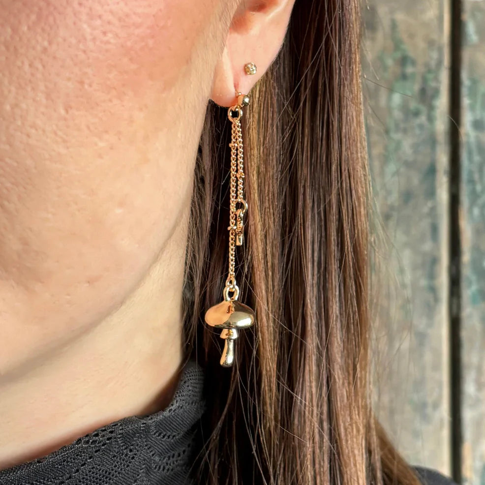 Close-up of a woman’s ear wearing a long gold drop earring with a mushroom charm and delicate chain, styled with straight brown hair.