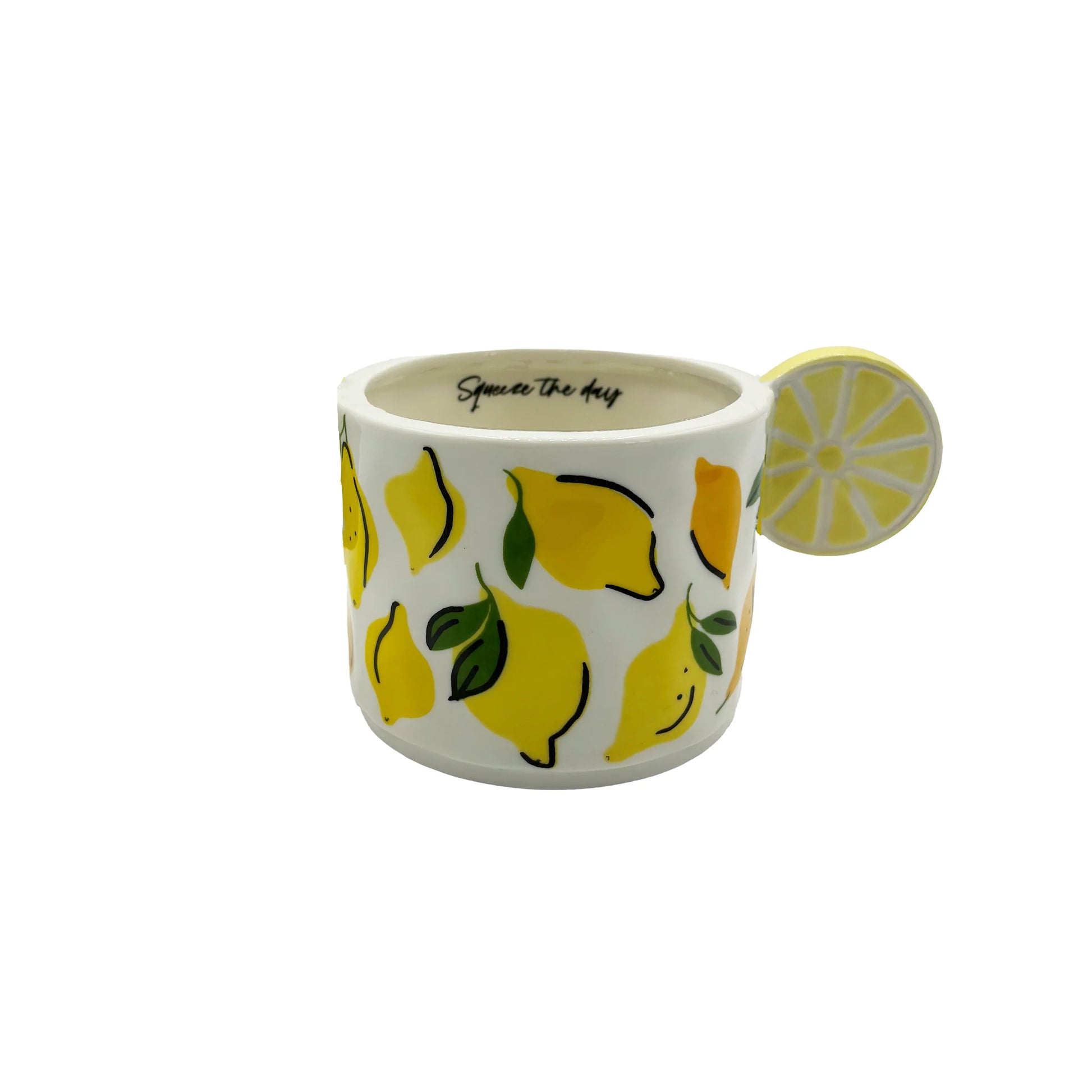 Angled view of lemon mug showing interior “Squeeze the day” text and playful lemon-themed pattern wrapping around the ceramic.