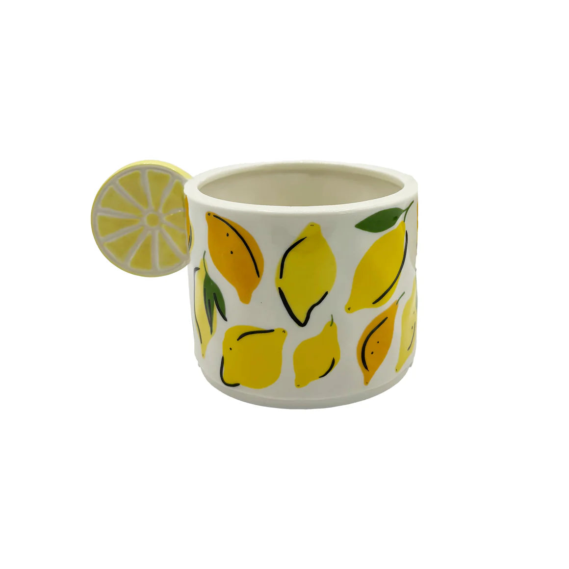 Front product view of ceramic lemon mug with yellow fruit pattern and raised lemon slice handle, isolated on white background.