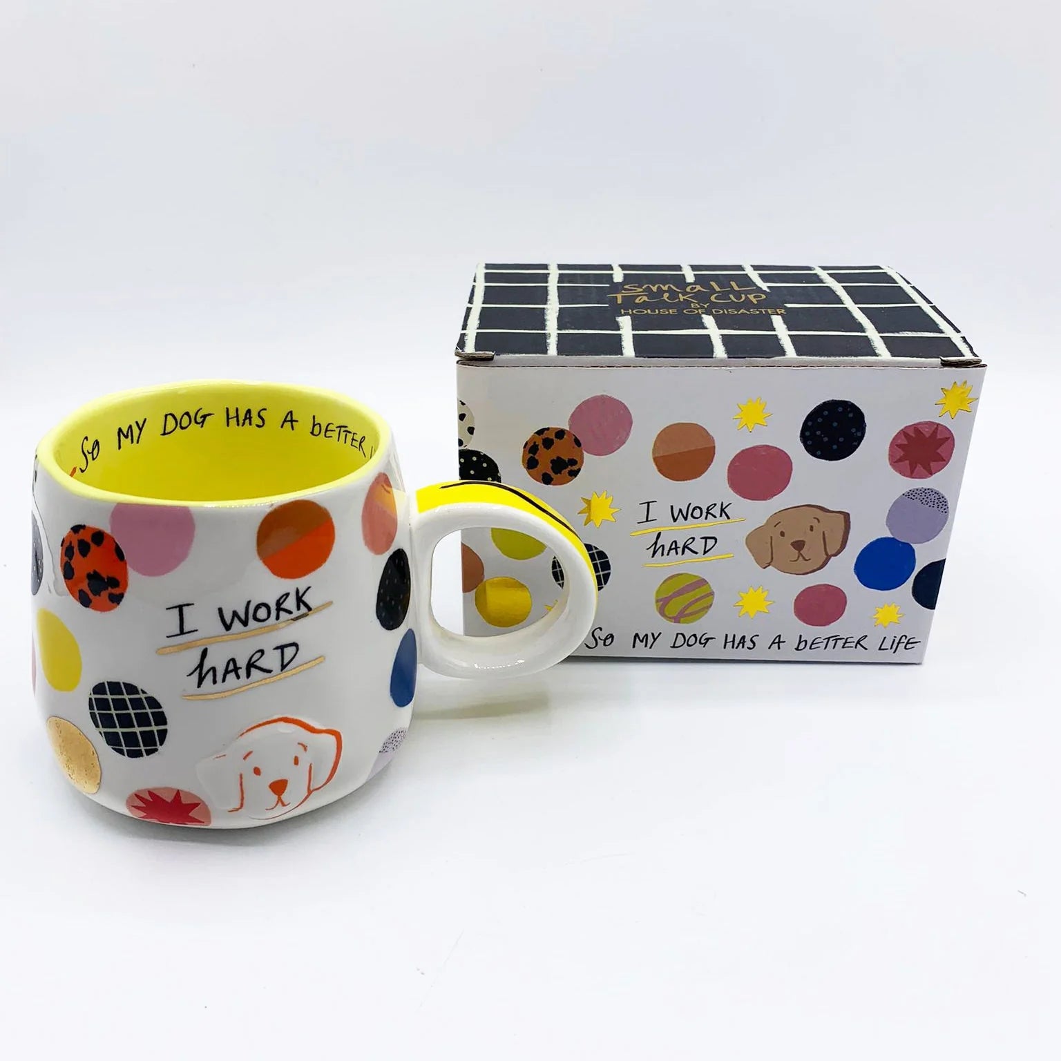 Funny dog-themed ceramic mug with matching gift box, featuring multicoloured polka dots and handwritten-style text.