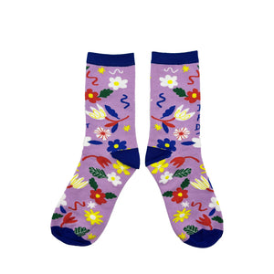 Back view of floral patterned bamboo socks showing full print without text, laid flat on a white background.